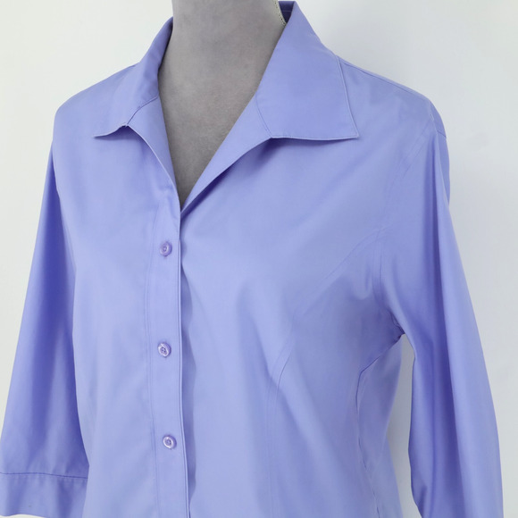 Chicos Top 2 Womens Large 12 Blue Cotton Blouse No Iron Button Up Office Career - Picture 8 of 13